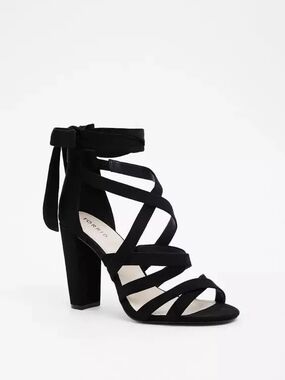 torrid Black Strappy Tie-Ankle Block Heel Sandals # 383